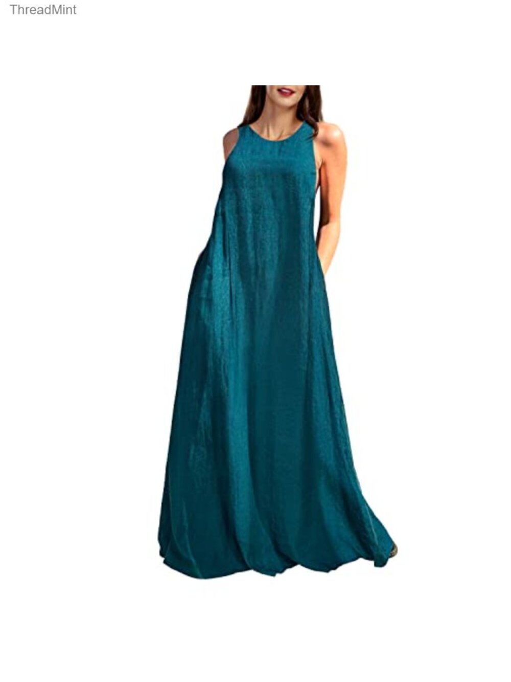 Linen Cotton Sleeveless Maxi Dress with Pockets Casual Beach Vacation